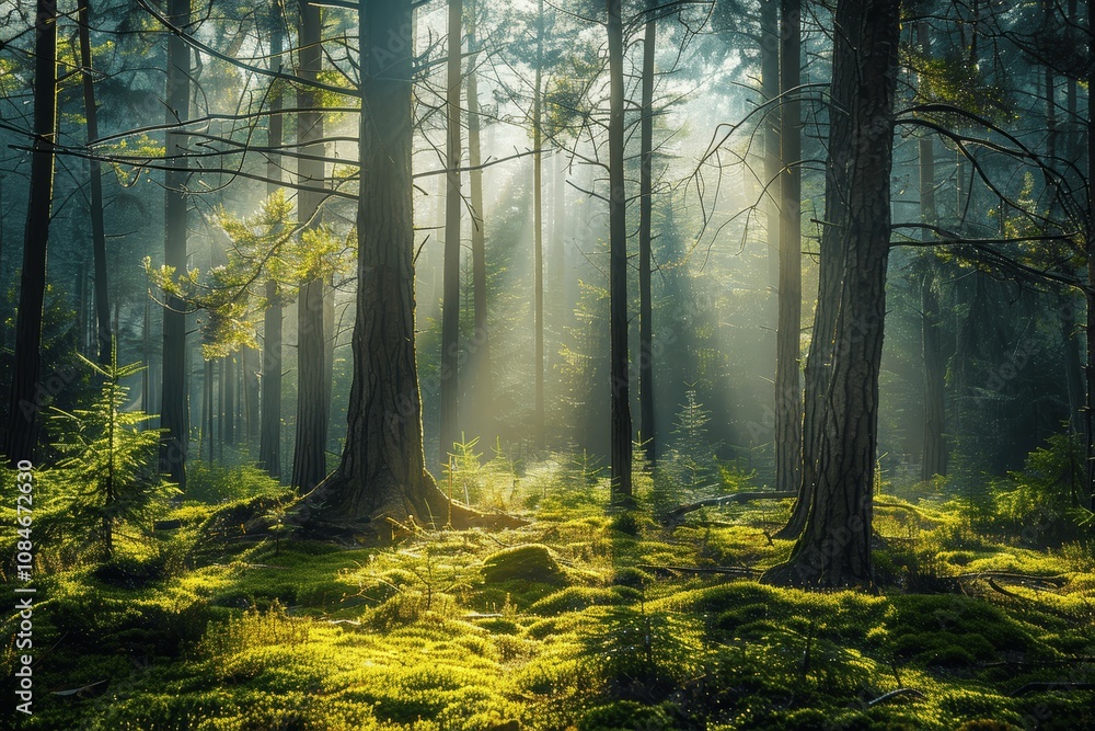 Obraz premium Sunlit Springtime Forest with Misty Morning Rays