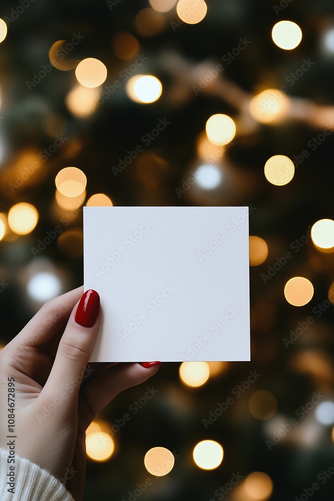 Woman holding a blank card in front of christmas tree lights Woman holding a blank card in front of christmas tree lights