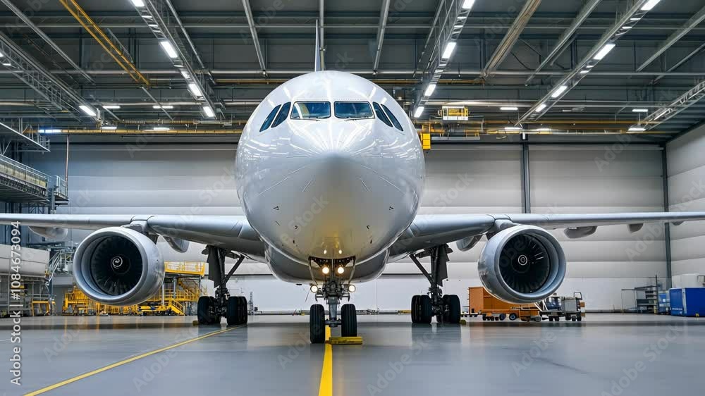 A white passenger jet is positioned in a spacious hangar A white passenger jet is positioned in a spacious hangar