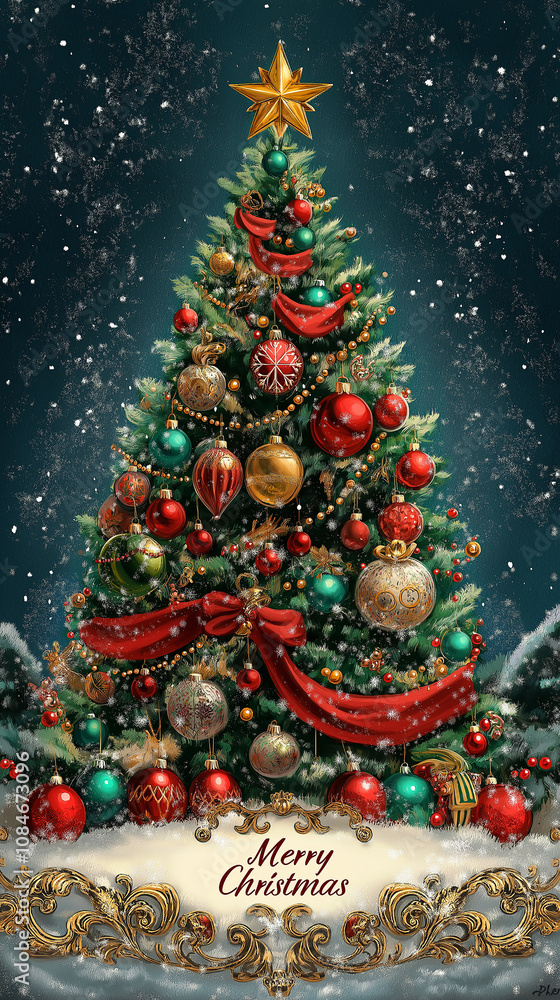 Christmas tree decorated with ornaments and red ribbons falling snow at night Christmas tree decorated with ornaments and red ribbons falling snow at night