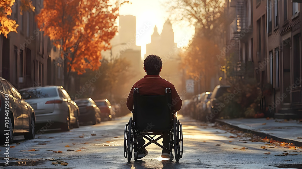 Man in Wheelchair Facing City Skyline at Sunset - Realistic Image Man in Wheelchair Facing City Skyline at Sunset - Realistic Image