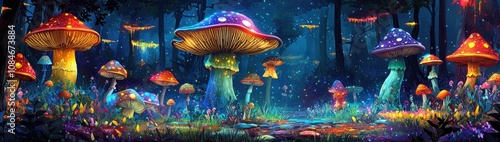 Luminous Mushrooms Illuminated in a Mystical Forest