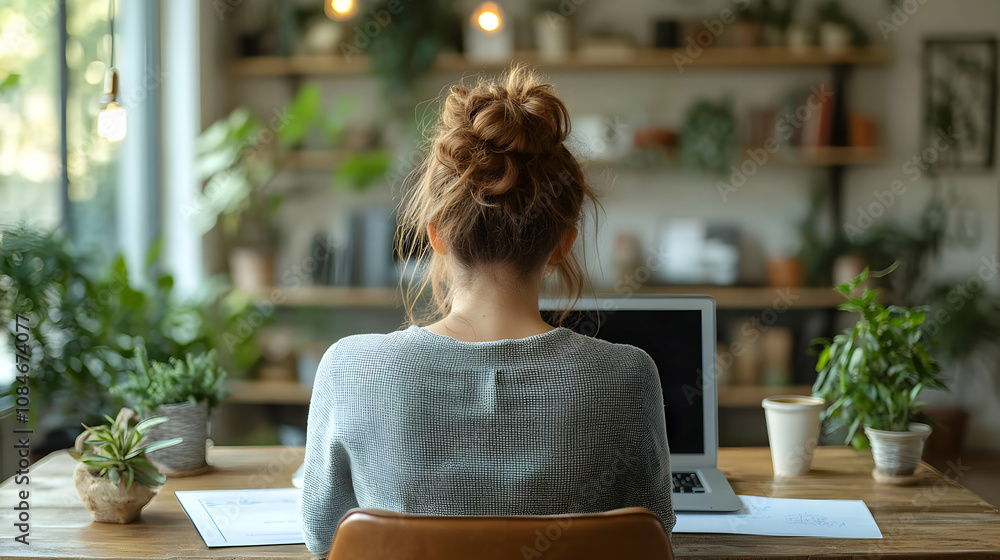 Woman Working at Desk in Home Office, Realistic Image Woman Working at Desk in Home Office, Realistic Image