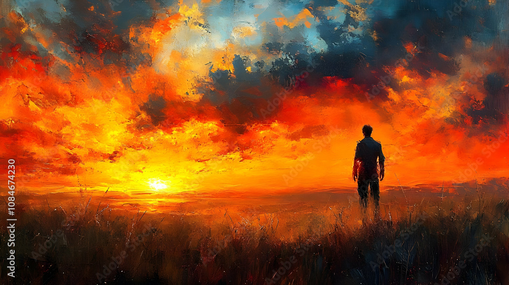 Sunset Landscape Painting with Solitary Figure Sunset Landscape Painting with Solitary Figure