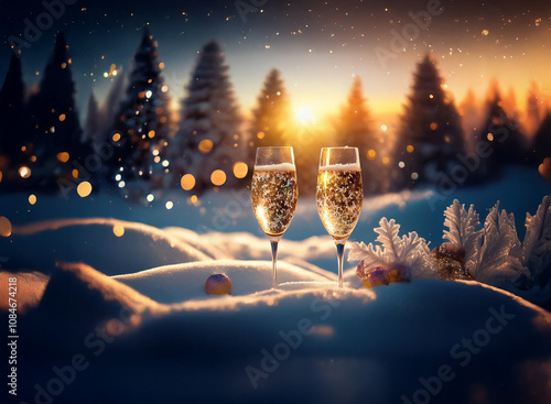 Two champagne flutes sit in the snow with a festive winter scene behind them.