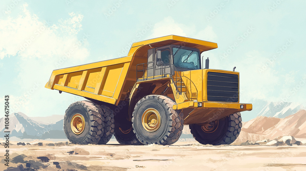 Yellow Mining Dump Truck in Desert Landscape Heavy Machinery Construction Equipment Industry Yellow Mining Dump Truck in Desert Landscape Heavy Machinery Construction Equipment Industry