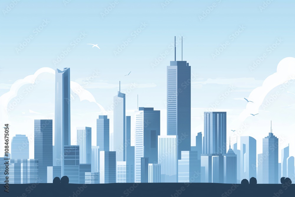 A Serene Urban Skyline with Towering Skyscrapers and Clear Blue Sky A Serene Urban Skyline with Towering Skyscrapers and Clear Blue Sky