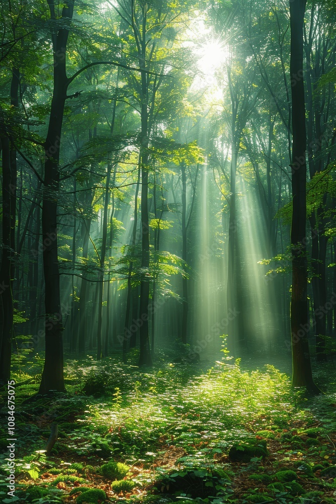 Fototapeta premium Misty Morning Sunbeams in the Forest