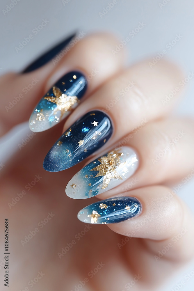 Woman hand showing galaxy nail art design with gold stars and glitter Woman hand showing galaxy nail art design with gold stars and glitter