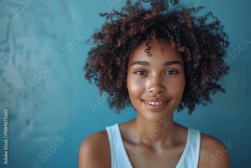 happy young African American woman with afro hair wearing white t-shirt smiling against light blue background photo