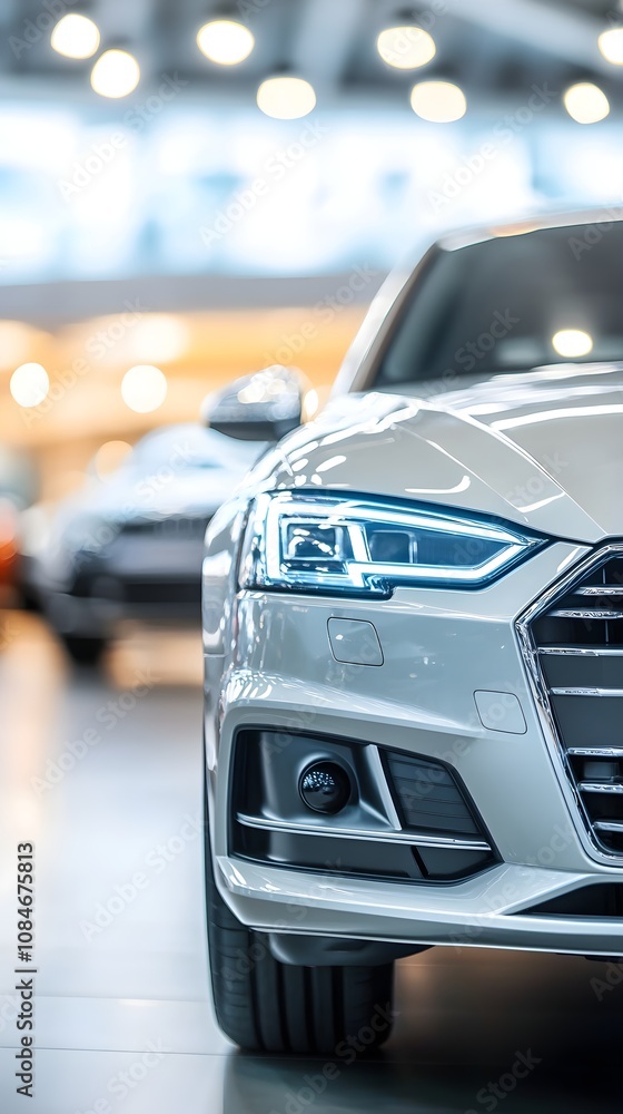 Fototapeta premium Elegant and Modern Silver Sedan in Showroom Display with Bright Lighting and Smooth Lines Highlighting Luxury Automotive Design Features