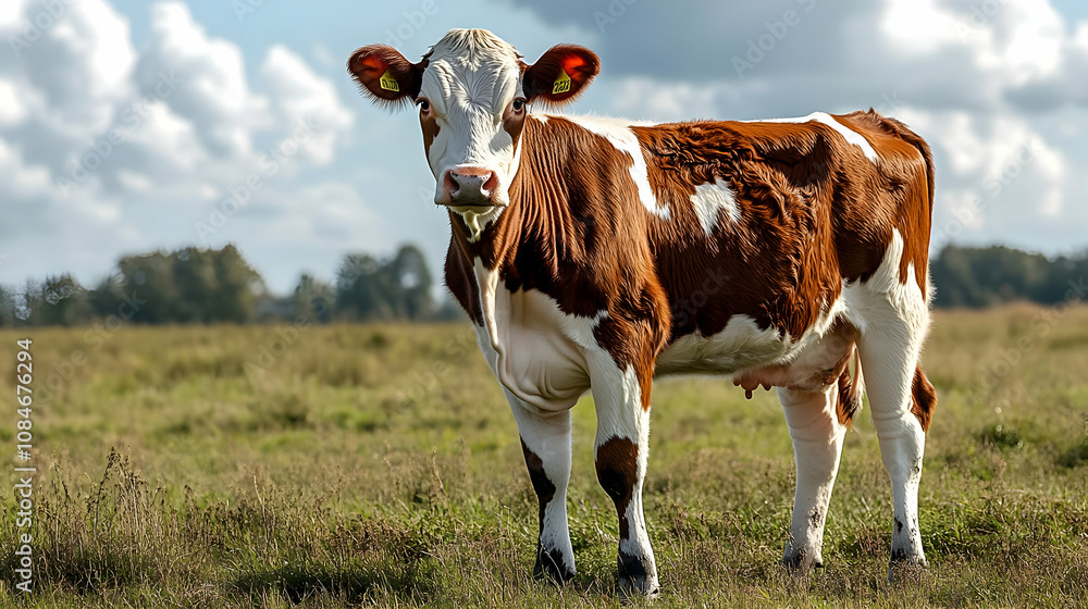 Red and White Cow in a Green Field - Realistic Image Red and White Cow in a Green Field - Realistic Image