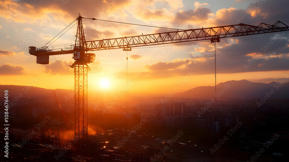 Construction Crane Silhouette at Sunset Over City Construction Crane Silhouette at Sunset Over City