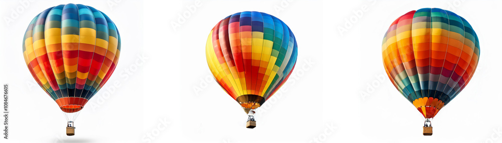 Three hot air balloons are displayed against a white background. Each balloon has a different color pattern, featuring shades of blue, red, yellow, and orange. Three hot air balloons are displayed against a white background. Each balloon has a different color pattern, featuring shades of blue, red, yellow, and orange.