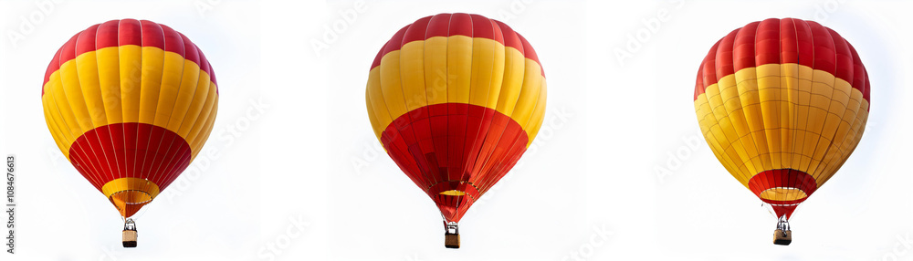 Fototapeta premium Three red and yellow hot air balloons are against a white background.