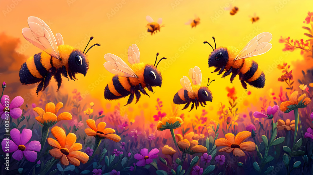 Flying Bees Illustration with Flowers Flying Bees Illustration with Flowers