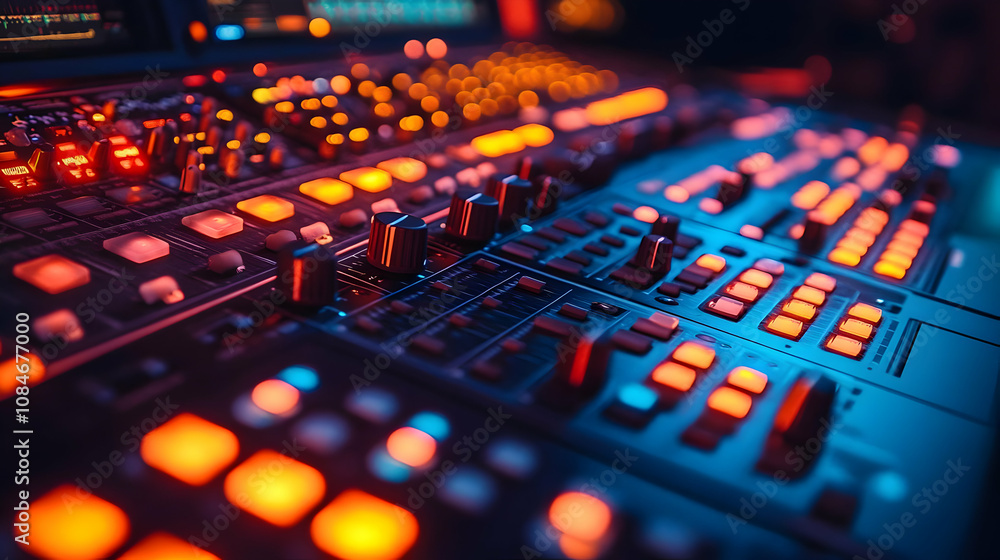 Audio Mixing Console with Illuminated Buttons - Photo Audio Mixing Console with Illuminated Buttons - Photo