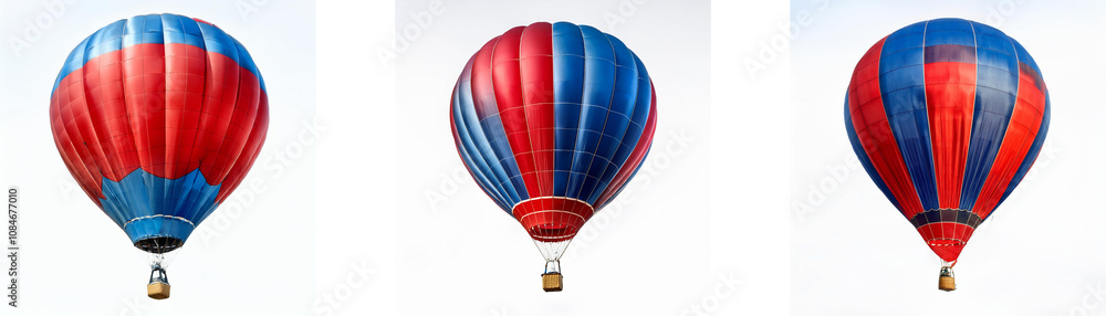 Fototapeta premium Three hot air balloons in various colors are seen against a white backdrop.