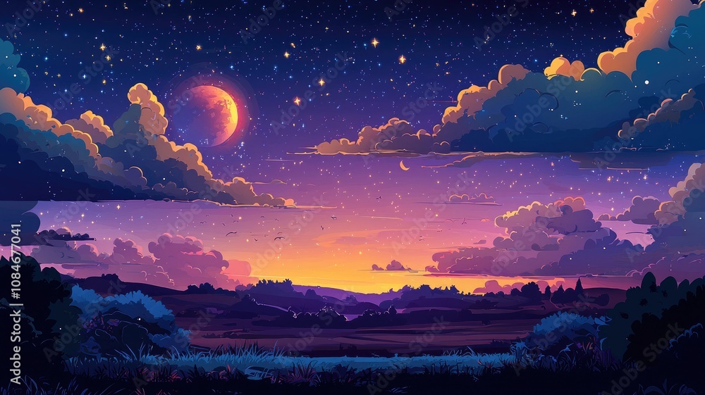 Night Sky with Moon, Stars, Clouds, and Silhouetted Trees Night Sky with Moon, Stars, Clouds, and Silhouetted Trees