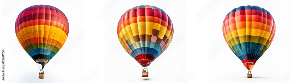 Fototapeta premium Three colorful hot air balloons are lined up against a white background.