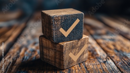 check mark icons for jobs list on the face of wooden stacked blocks task lists checklist survey assessment list confirm items double check quality control goals achievement business success photo