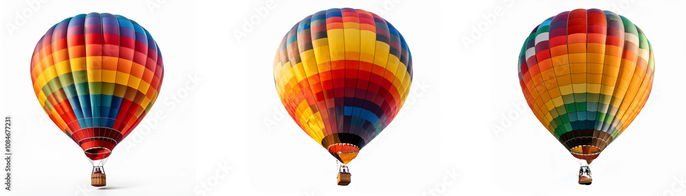 Fototapeta premium Three colorful hot air balloons are floating against a white background.