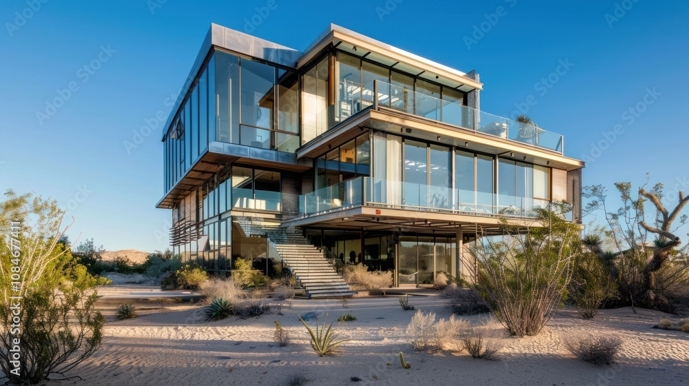 A modern glass house surrounded by lush trees, featuring open architecture with metal frames, wooden accents, and rooftop greenery, blending harmoniously with its natural environment.