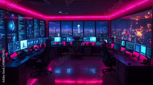 Cyberpunk Office with City View - Realistic Image