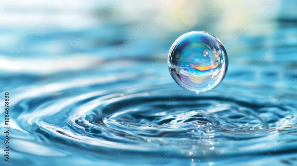A single water droplet hovers above the surface of the water, creating ripples. A single water droplet hovers above the surface of the water, creating ripples.