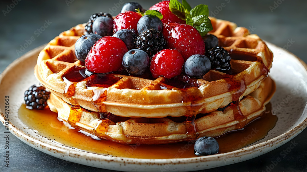 Delicious Waffles with Fresh Berries and Syrup - Food Photography Delicious Waffles with Fresh Berries and Syrup - Food Photography