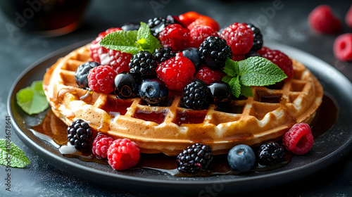 Waffle with Berries and Syrup - Food Photography