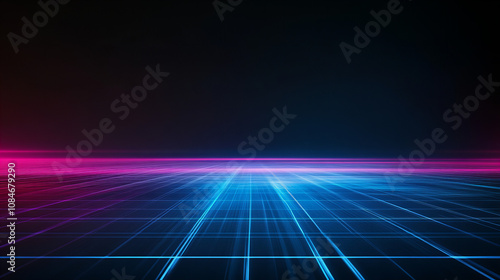 Futuristic digital landscape with vibrant neon lights creating a grid on a dark background at night