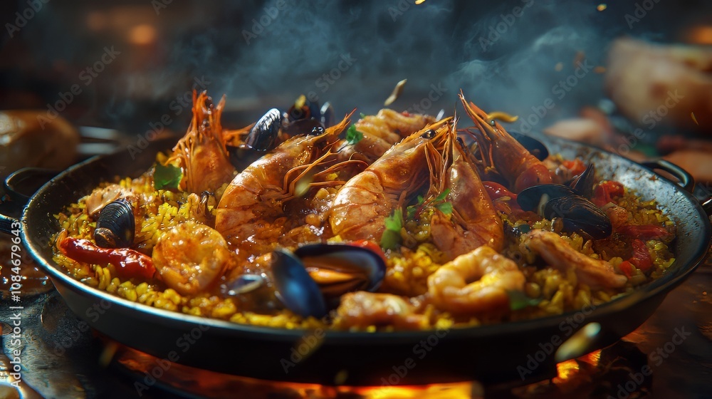 Traditional spanish paella with seafood and chicken. seafood. Ultra realistic. Photorealistic hypermaximalist advertising photography hyper realistic fine detail Traditional spanish paella with seafood and chicken. seafood. Ultra realistic. Photorealistic hypermaximalist advertising photography hyper realistic fine detail