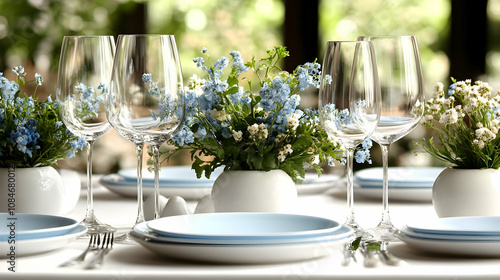 Elegant Table Setting with Flowers and Wine Glasses - Photo