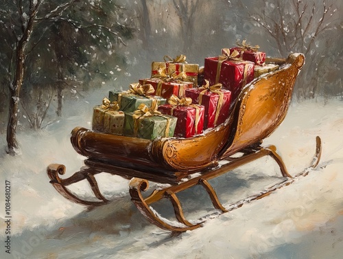 Vintage Sleigh Loaded with Festive Gifts