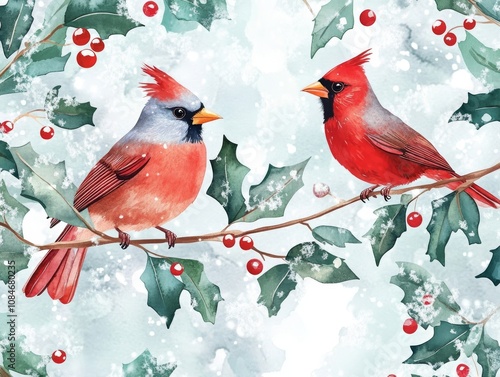 Winter Birds and Holly Leaves