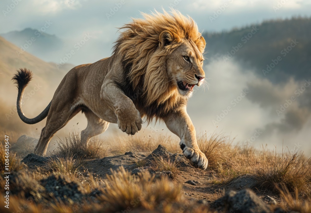 Fototapeta premium Majestic Lion in Motion: The King of Beasts Dominates the Wild Savanna