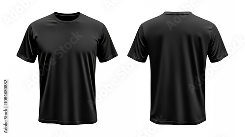 Black t-shirt, plain design, front and back view, clothing photography, studio lighting, simple background, fashion item, casual wear, textile texture, minimalist style, product showcase, men's