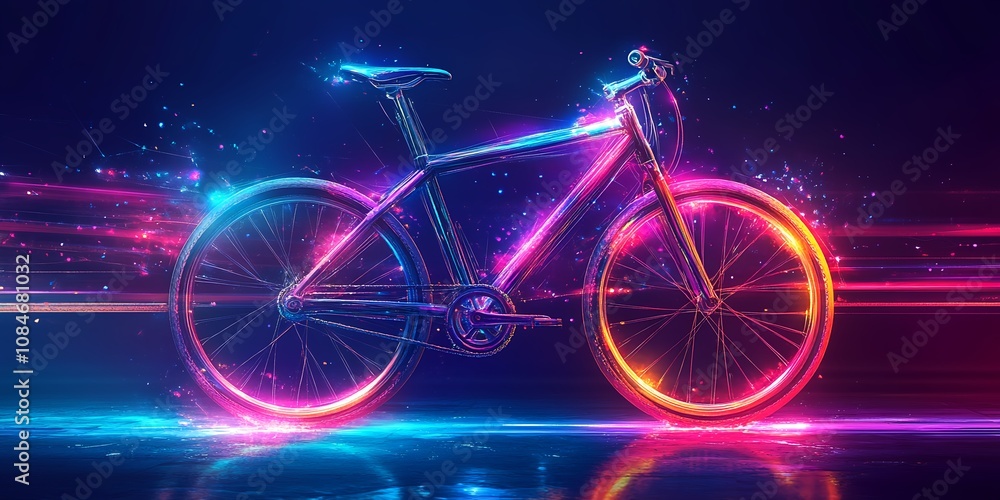 Fototapeta premium A Vibrant Neon Bicycle Illuminated With Colorful Lights Against a Dark Background, Capturing Dynamic Energy and Modern Design During an Evening Setting