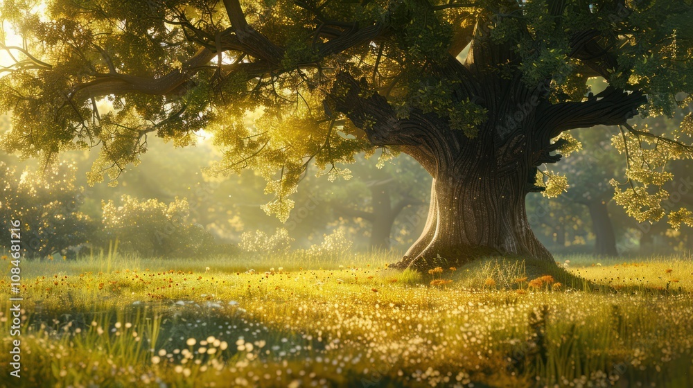 A majestic tree in a sunlit meadow, surrounded by wildflowers and glowing particles. Warm golden light filters through the leaves, creating a serene and magical atmosphere. A majestic tree in a sunlit meadow, surrounded by wildflowers and glowing particles. Warm golden light filters through the leaves, creating a serene and magical atmosphere.