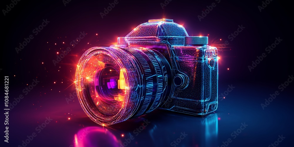 A Vibrant and Illuminated Digital Camera With Glowing Elements Capturing the Essence of Photography in a Dark Space Rich With Colors and Textures A Vibrant and Illuminated Digital Camera With Glowing Elements Capturing the Essence of Photography in a Dark Space Rich With Colors and Textures