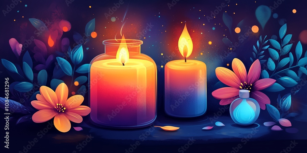 Colorful Display of Candles and Flowers on a Dark Evening, Creating a Serene Atmosphere of Warmth and Tranquility in a Cozy Indoor Setting Colorful Display of Candles and Flowers on a Dark Evening, Creating a Serene Atmosphere of Warmth and Tranquility in a Cozy Indoor Setting