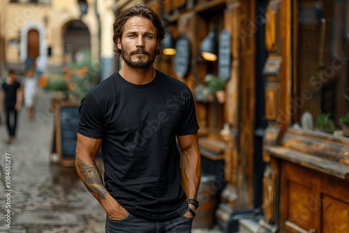 Handsome Bearded Man in Black T-Shirt on City Street