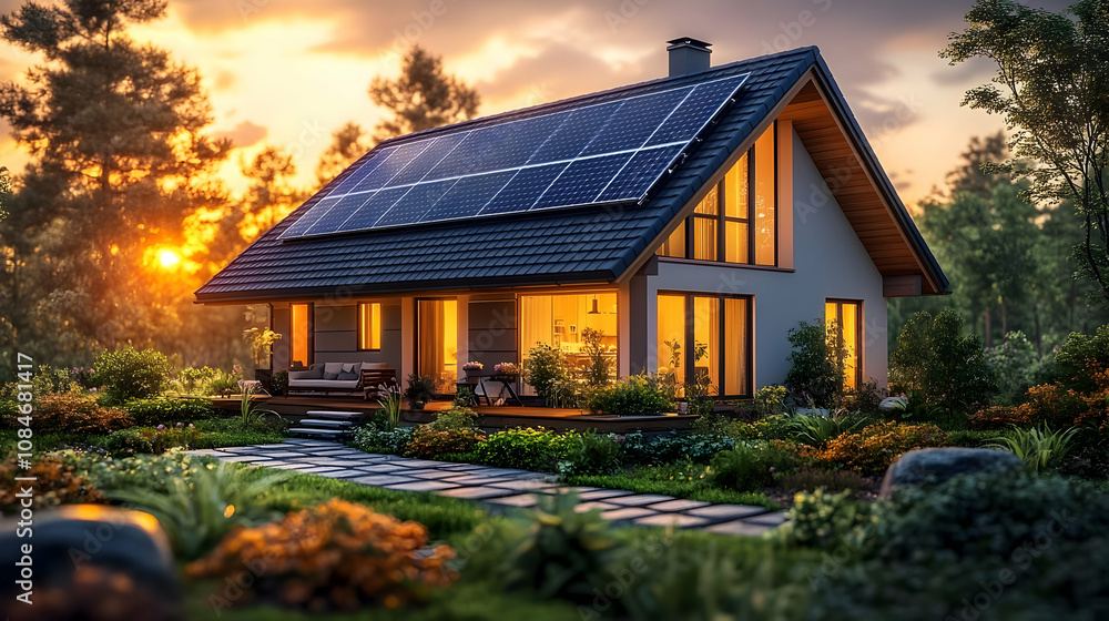 Modern Home with Solar Panels - 3D Illustration Modern Home with Solar Panels - 3D Illustration