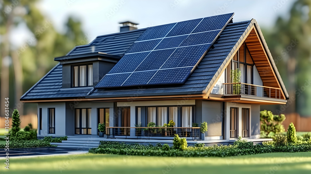 Modern House with Solar Panels 3D Illustration Modern House with Solar Panels 3D Illustration