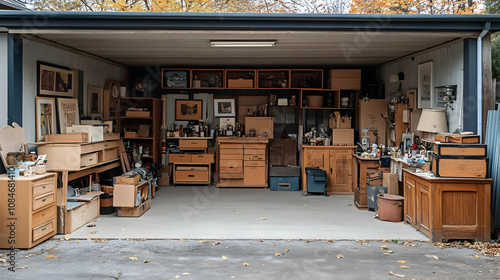 Cluttered Garage Interior with Wooden Furniture and Boxes - Realistic Image