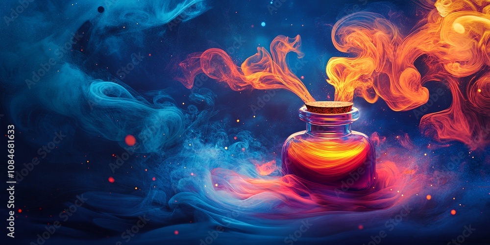 Colorful Smoke Swirling Around a Glass Jar Filled With Vibrant Liquid in a Dark Setting, Creating an Enchanting Atmosphere at Night Colorful Smoke Swirling Around a Glass Jar Filled With Vibrant Liquid in a Dark Setting, Creating an Enchanting Atmosphere at Night