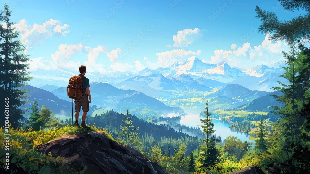 A Solo Backpacker Gazing at Majestic Mountains and a Serene Lake A Solo Backpacker Gazing at Majestic Mountains and a Serene Lake