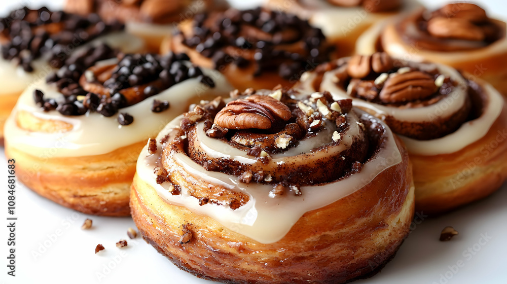 Closeup of Pecan Topped Cinnamon Rolls, Food Photography Closeup of Pecan Topped Cinnamon Rolls, Food Photography