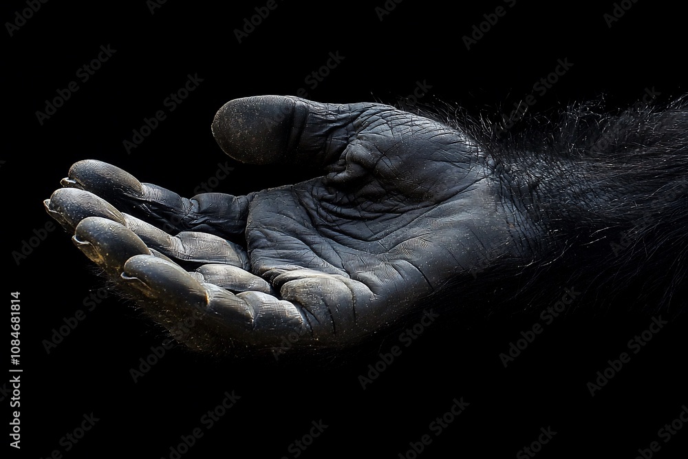The Grasp of Nature: A Close-Up of a Gorilla's Hand Against Black Background The Grasp of Nature: A Close-Up of a Gorilla's Hand Against Black Background